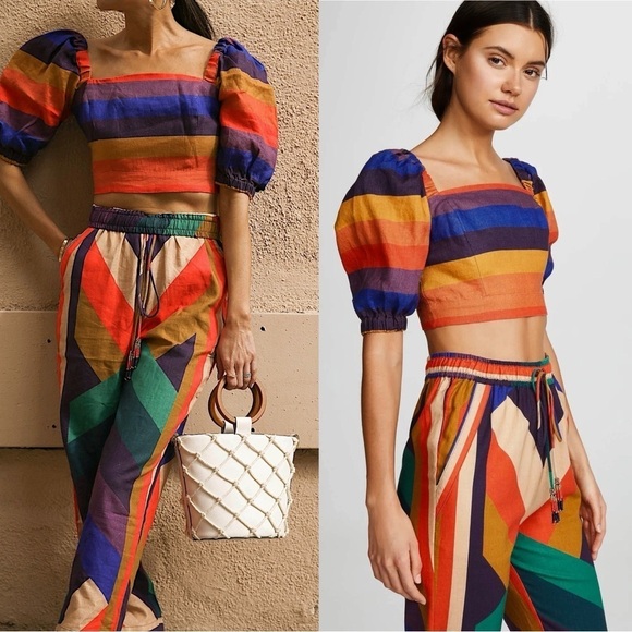 FARM RIO Linen Rainbow Striped Square Neck Smocked Puff Short Sleeve Crop Top XS - Picture 5 of 13